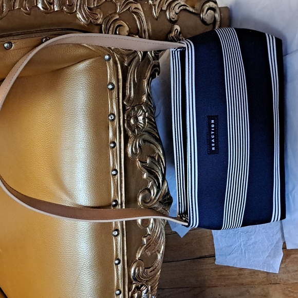 Reaction Kenneth Cole Handbags - Kenneth Cole Reaction Navy and White Striped Crossbody Bag, Leather Strap.